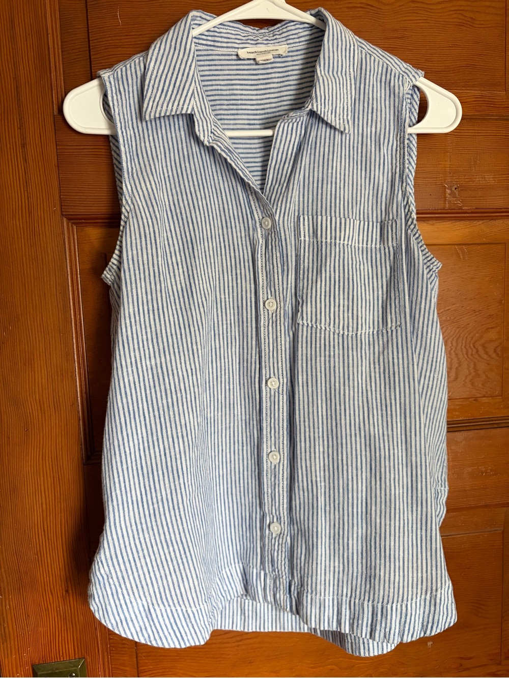 Women’s cotton linen blend button up tank top blue & white stripes size small